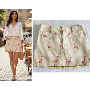 Alice & Olivia Size 2 Flamingos Embroidered Denim Mini Skirt Striped Beige White